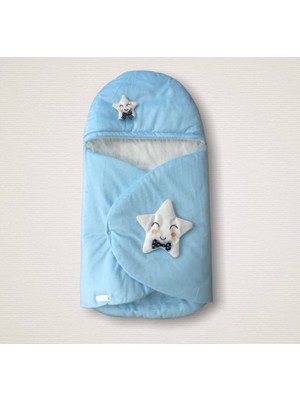 Narnuga Miraylife Yenidoğan Çift Yıldız Detaylı Şapkalı Duvaklı Erkek Bebek Klasik Kundak Bebek Battaniyesi