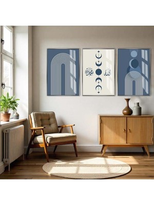 Harikabirev lacivert-Gri Bohem Soft Allah(Cc)-Hz. Muhammed Kombini |çerçeveli Cam Tablo  3lü Dikey