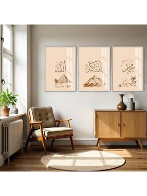 Harikabirev mısır Piramidi Allahuakbar-Allah-Muhammed Kombini|çerçeveli Cam Tablo 3lü Dikey