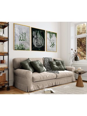 Harikabirev gri-Yeşil Yapraklı Allah-Ayetel K-Muhammed Kombini|çerçeveli Cam Tablo 3lü Dikey