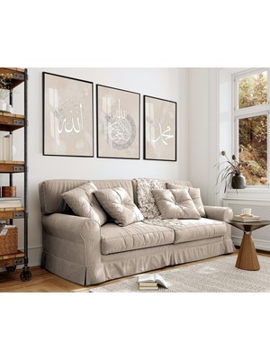 Harikabirev bej-Beyaz Allah-Ayetel Kürsi-Z. Muhammed Kombini|çerçeveli Cam Tablo 3lü Dikey