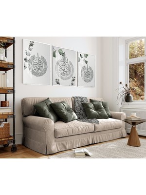 Harikabirev gri-Yeşil Yapraklı Felak-Ayetel K-Nas Ayeteri Kombini|çerçeveli Cam Tablo  3lü Dikey