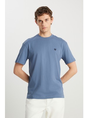 %100 Pamuk Relaxed Fit Geniş Kesim Bisiklet Yaka Minimal Logo Açık Mavi Tişört