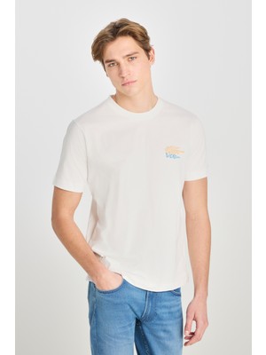 %100 Pamuk Regular Fit Normal Kesim Bisiklet Yaka Baskılı Ekru Tişört