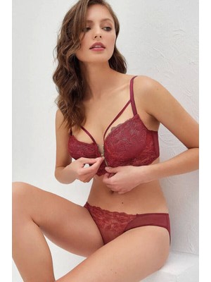 Miraxx Balenli Destekli Dolgulu Yaka Detaylı Fermuarlı Dantelli Büstiyer Sütyen ve Slip Takım 4816