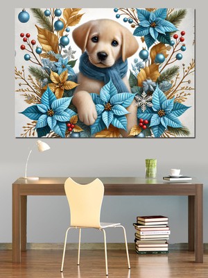 Mavi Çiçekli Yavru Köpek Dekoratif Kanvas - Mdf Ahşap Tablo