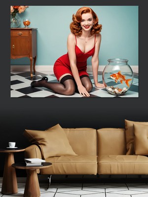 Akvaryumlu Retro Kadın Dekoratif Kanvas - Mdf Ahşap Tablo