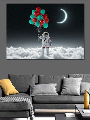 Uzayda Balon Tutan Astronot Dekoratif Kanvas - Mdf Ahşap Tablo