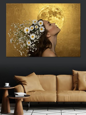 Ay ve Papatya Çiçek Kadın Dekoratif Kanvas - Mdf Ahşap Tablo