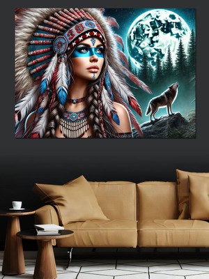 Ayışığında Kızılderili Kadın Dekoratif Kanvas - Mdf Ahşap Tablo