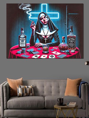 Neon Rahibe Masası Dekoratif Kanvas - Mdf Ahşap Tablo