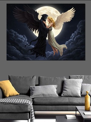 Beyaz ve Siyah Melek Dekoratif Kanvas - Mdf Ahşap Tablo