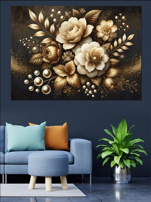 Altın Çiçek Deseni Dekoratif Kanvas - Mdf Ahşap Tablo