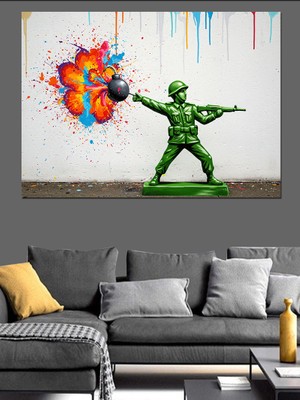 Boya Fırlatan Asker Dekoratif Kanvas - Mdf Ahşap Tablo