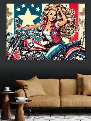 Motosikletli Retro Kadın Dekoratif Kanvas - Mdf Ahşap Tablo