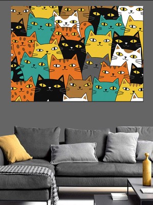 Renkli Kedi Deseni Dekoratif Kanvas - Mdf Ahşap Tablo