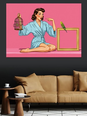 Kuş Tutan Retro Kadın Dekoratif Kanvas - Mdf Ahşap Tablo