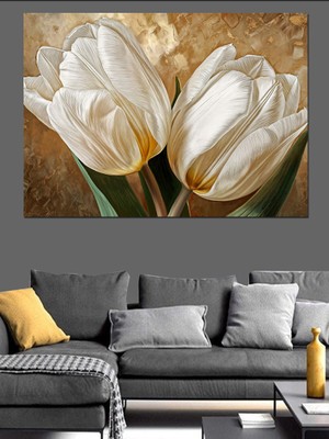 Beyaz Lale Buketi Dekoratif Kanvas - Mdf Ahşap Tablo