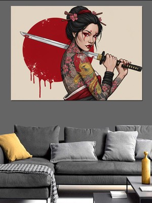 Kanlı Kılıç Tutan Samuray Kadın Dekoratif Kanvas - Mdf Ahşap Tablo
