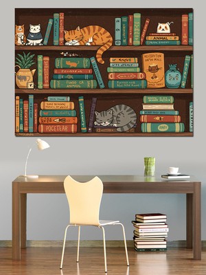 Kütüphane ve Yaramaz Kedi Dekoratif Kanvas - Mdf Ahşap Tablo