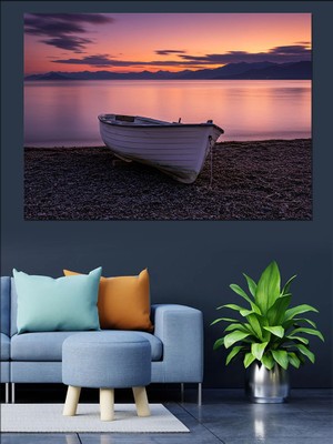Gün Batımında Sahilde Tekne Dekoratif Kanvas - Mdf Ahşap Tablo