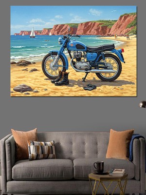 Sahilde Retro Motor Dekoratif Kanvas - Mdf Ahşap Tablo