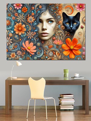 Çiçek ve Kedili Kadın Dekoratif Kanvas - Mdf Ahşap Tablo