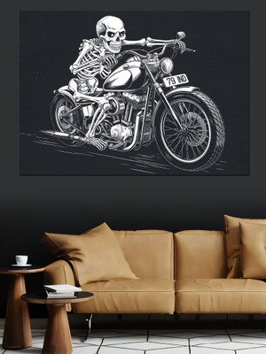 Iskelet ve Motorcu Ruh Dekoratif Kanvas - Mdf Ahşap Tablo