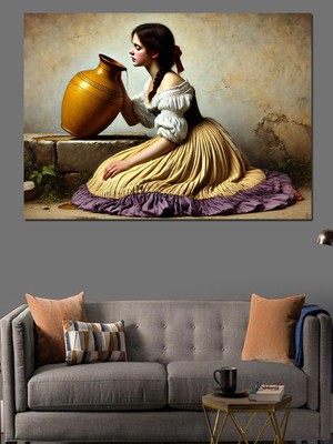 Testiyle Su Dolduran Geleneksel Kadın Dekoratif Kanvas - Mdf Ahşap Tablo