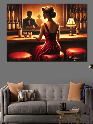 Kırmızı Elbiseli Bar Kadını Dekoratif Kanvas - Mdf Ahşap Tablo