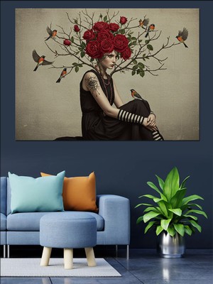 Çiçek Açan Kadın Silüeti Dekoratif Kanvas - Mdf Ahşap Tablo