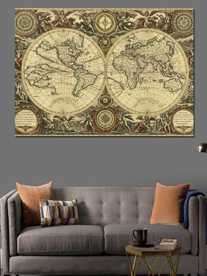 Eski Dünya Haritası Eskizi Dekoratif Kanvas - Mdf Ahşap Tablo