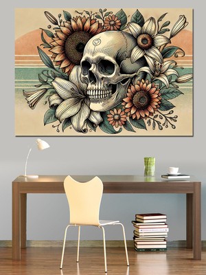 Çiçeklerle Kaplı Kafatası Dekoratif Kanvas - Mdf Ahşap Tablo