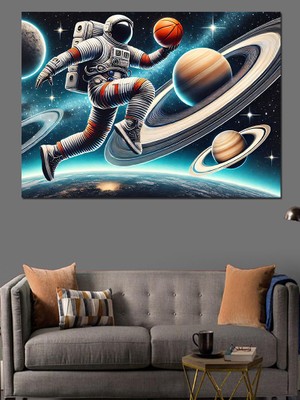 Uzayda Astronot ve Gezegenler Dekoratif Kanvas - Mdf Ahşap Tablo