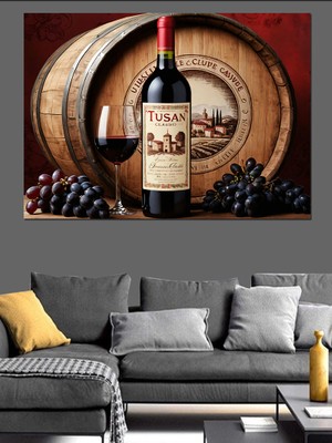 Şarap Fıçısı ve Üzümler Dekoratif Kanvas - Mdf Ahşap Tablo