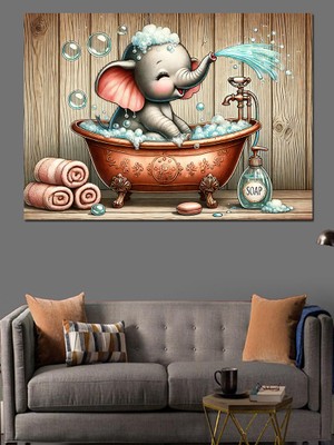 Küvette Banyo Yapan Fil Dekoratif Kanvas - Mdf Ahşap Tablo