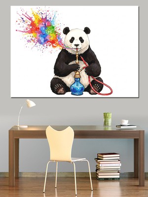 Renkli Nargileci Panda Figürü Dekoratif Kanvas - Mdf Ahşap Tablo