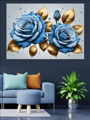 Mavi Gül Kompozisyonu Dekoratif Kanvas - Mdf Ahşap Tablo