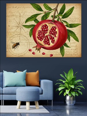 Nar ve Arı Çizimi Dekoratif Kanvas - Mdf Ahşap Tablo