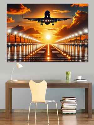 Gün Batımında Havalimanında Uçak Dekoratif Kanvas - Mdf Ahşap Tablo