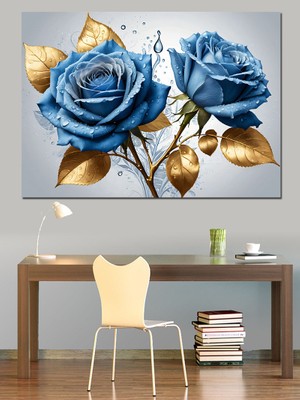 Altın ve Mavi Güller Dekoratif Kanvas - Mdf Ahşap Tablo