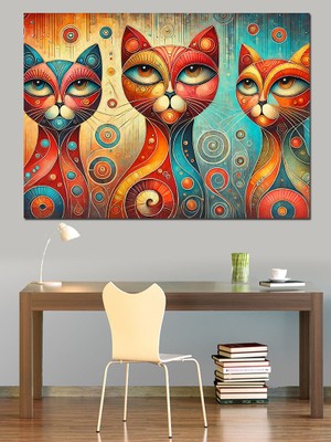 Soyut Renkli Üç Kedi Dekoratif Kanvas - Mdf Ahşap Tablo