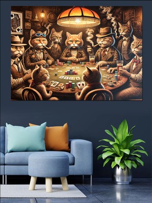 Poker Oynayan Kediler Dekoratif Kanvas - Mdf Ahşap Tablo