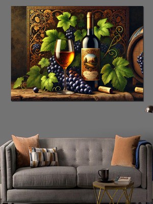 Şarap ve Üzüm Sofrası Dekoratif Kanvas - Mdf Ahşap Tablo