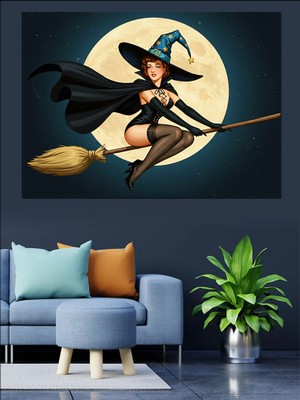 Uçan Cadı Silueti Dekoratif Kanvas - Mdf Ahşap Tablo