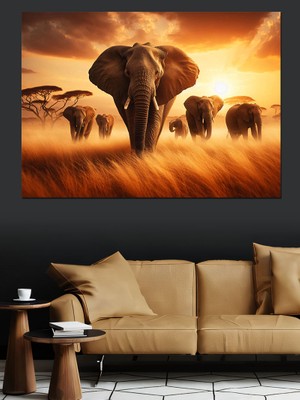 Koşan Fil Sürüsü Dekoratif Kanvas - Mdf Ahşap Tablo