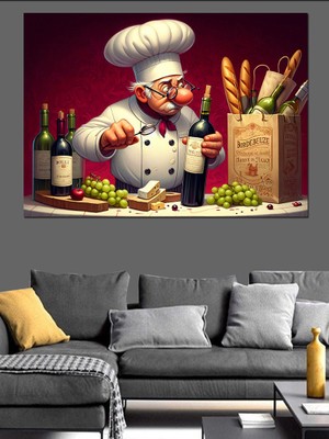 Fransız Şef ve Şarap Sofrası Dekoratif Kanvas - Mdf Ahşap Tablo
