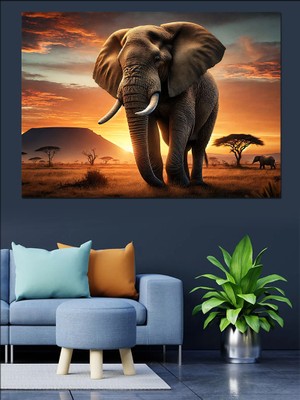 Gün Batımında Fil Dekoratif Kanvas - Mdf Ahşap Tablo