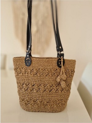 Mediterian Şık ponpon detaylı deri askılı hasır çanta, kahverengi, 100% pamuk materyal