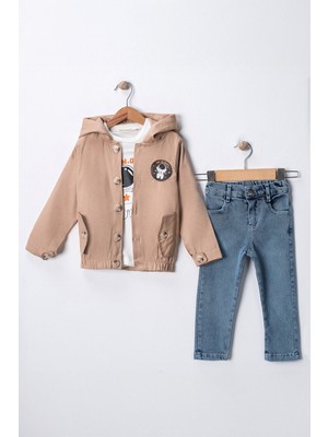 Miniğimin Cicileri Astronot Armalı Düğmeli Keten Trençkotlu Erkek  Çocuk 3 lü takım - Bej